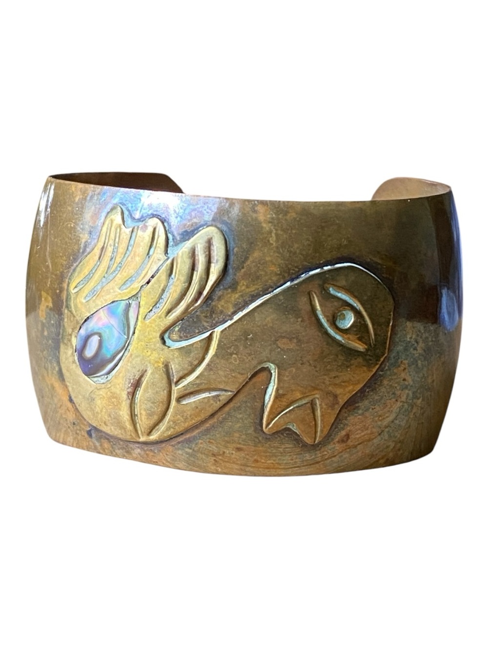 Vintage Mexican Copper & Brass and Abalone Shell inlays Cuff Bracelet